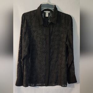 H&M Black Sheer Button Down Blouse Size 12